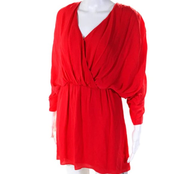 Parker Dresses & Skirts - Parker Red Silk Plunge Ruched Sleeve Mini Dress